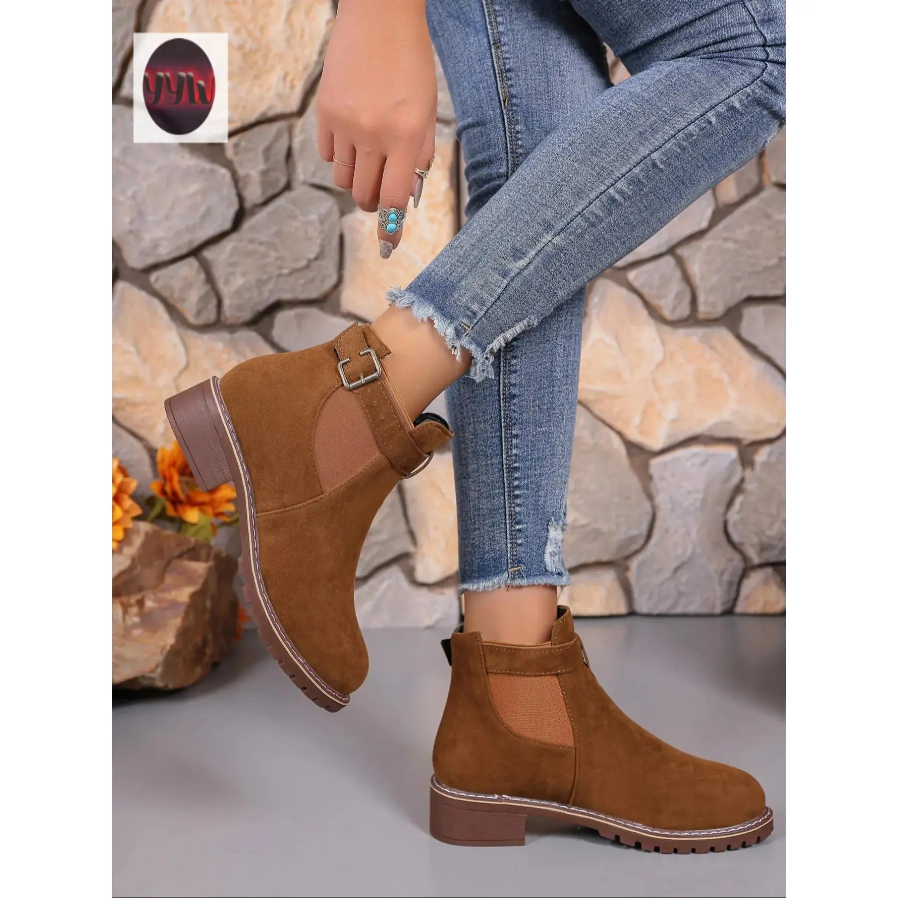 YYW1 Women's Suede Leather Low-Heel Chelsea Ankle Boots - Female Shoes, Round Toe, Belt Buckle Decoration, Plain Vintage Fashion, Soft, Fall Winter New Casual Wear Arrival