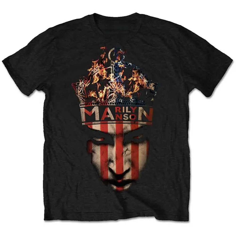 Men's Classic Goth Punk Streetwear T-Shirt - 100% Soft Cotton Short-Sleeve Top, Vintage Fire Crown Graphic, Digital Print, Flag-Infused Aesthetic, Breathable Casual Novelty Tee for Marilyn Manson Enthusiasts