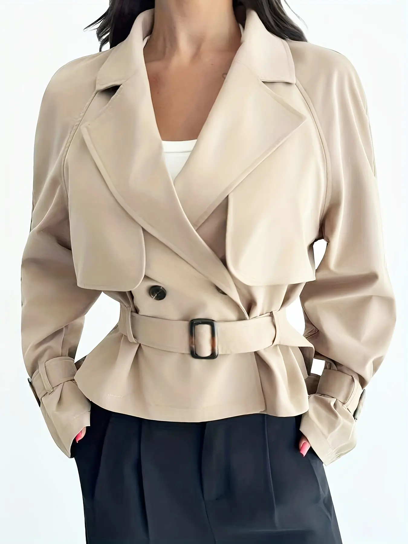 2026 Women's Fall Elegant, Chic and Fashionable Everyday Casual Versatile Commuter-Friendly Comfortable Khaki Short Trench Coat, Short Jacket with Lapel, Double-Breasted Buttons, Drawstring Waist, and Pocket, Featuring Cuff Ties