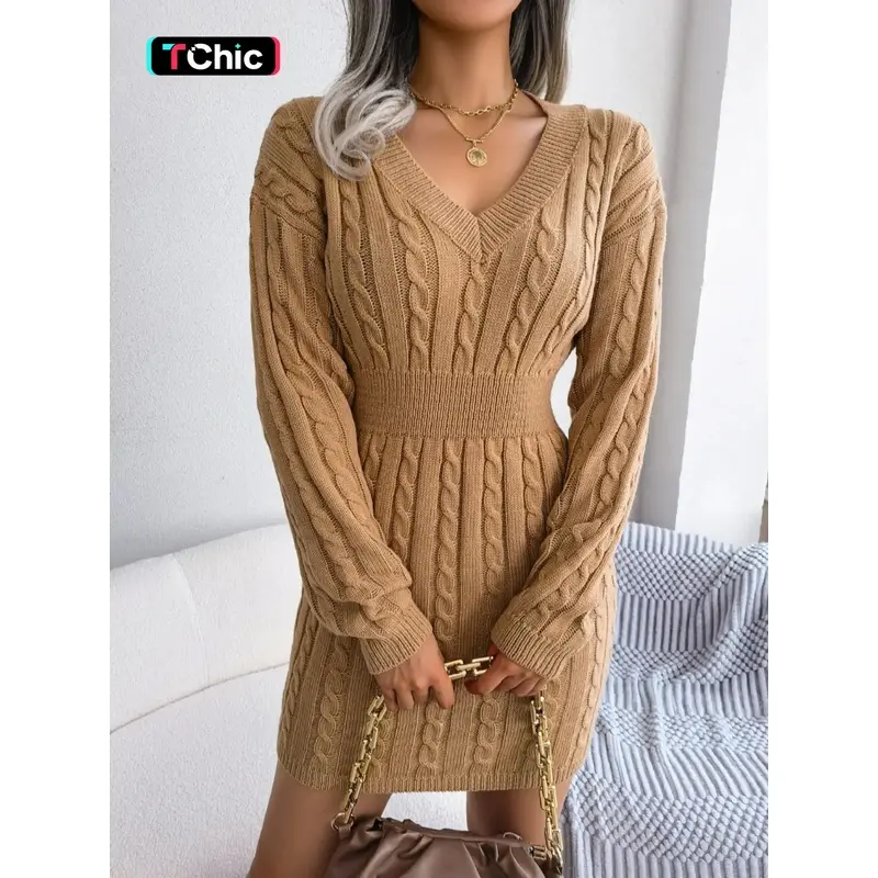1Women's Basic Comfort Solid Textured Drop Shoulder Sweater Dress, Lady's Lady Long Sleeve V Neck Cable Knit Dress
