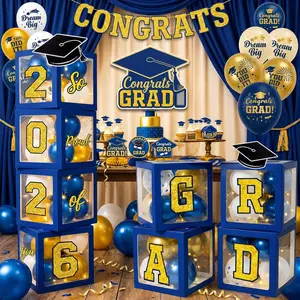 Graduation Decorations Class of 2026 Navy Blue and Gold Balloon Boxes for High School & College, Congrats Grad Table Decorations with 4 String Lights, GRAD and So Proud of You Letters