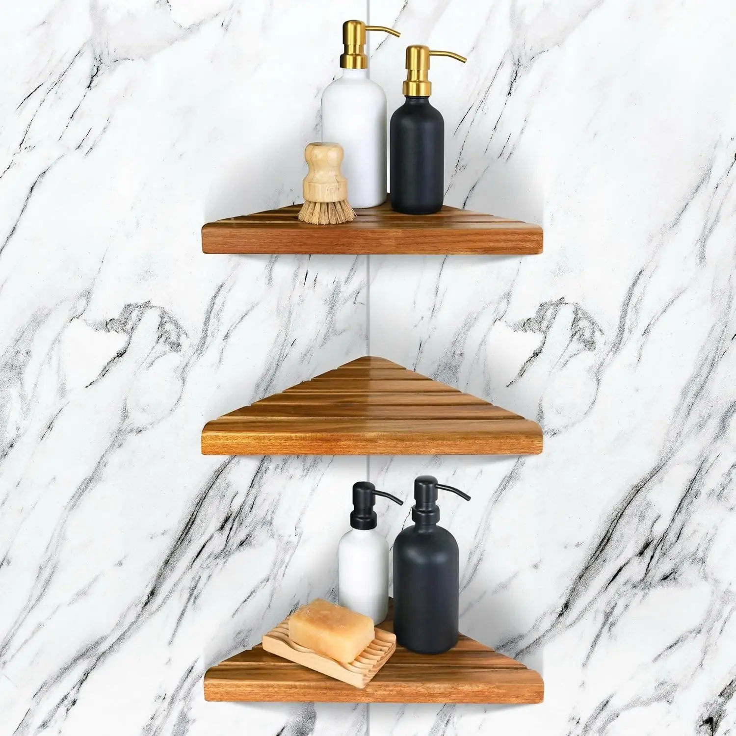 Acacia 2,3 Tiers Corner Shower Shelf, Triangular Corner Shelf Wooden Bathroom Shelf for Tiled Wall, Shower Corner Shelf, No Drilling Requied (3)