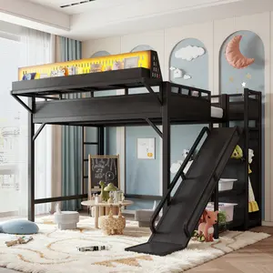 Ful Size Loft Bed with Slide, Storage Shelves and Built-in Wardrobe, Metal Loft Bed Frame with USB Ports and LED Lights, with Pegboard, Safety and Solid, Black