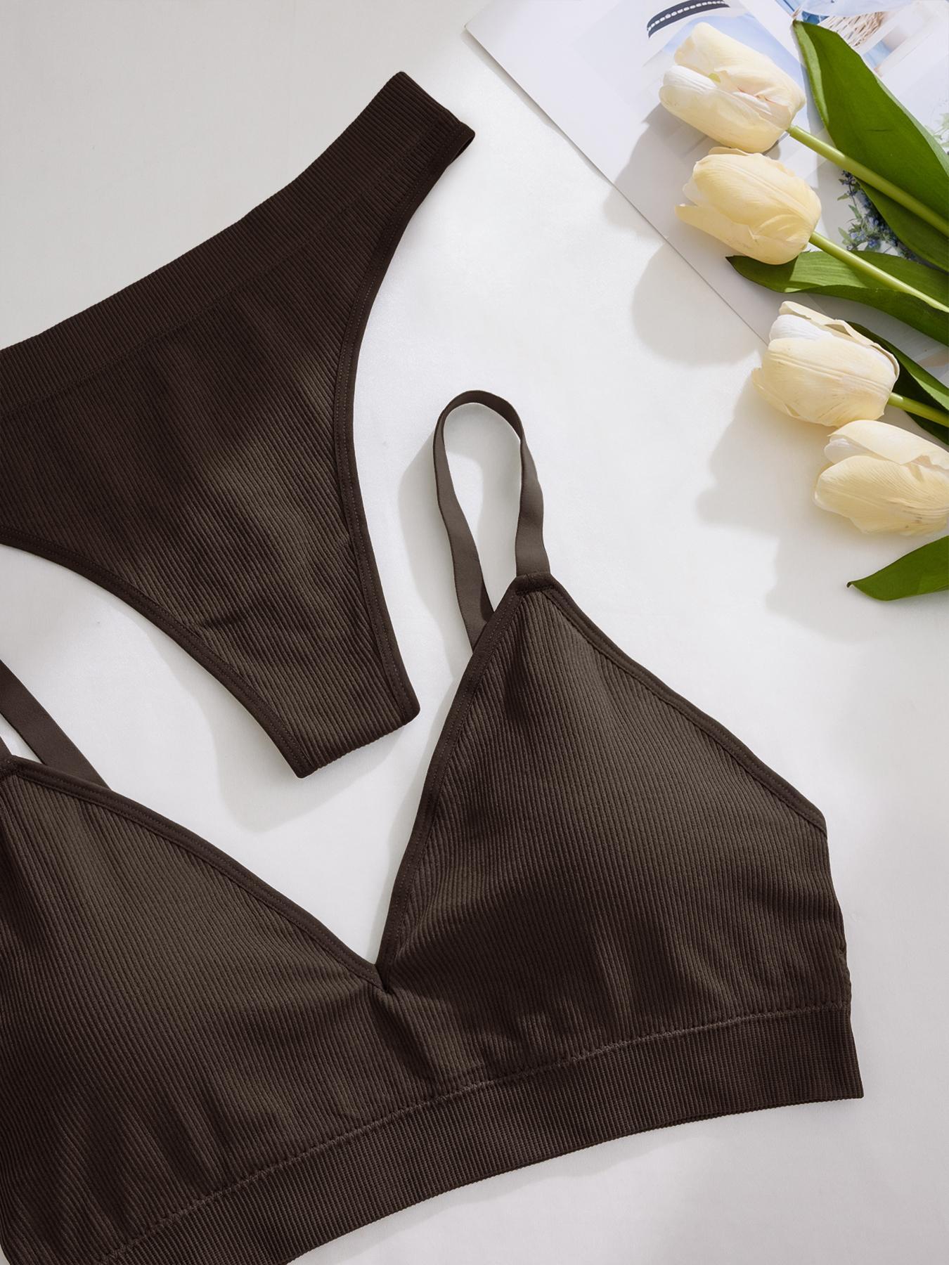 Plus Size Women's Solid Color Ribbed Underwear Set, Soft Comfy Breathable Adjustable Strap Buckleless Bra & Thong for Daily Wear, Underwear Set for Women,  Lingerie for Women