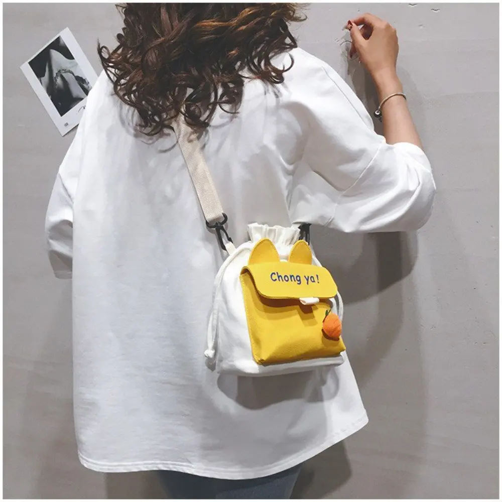 Crossbody Bag for Women, Casual Colorblock Canvas Bucket Bag with Cute Bunny Graphic, Drawstring and Adjustable Strap, Crossbody Shoulder Purse, Athletic, Chic, Cold Wash, Hangable, High-Capacity, Elegant, Holiday, Korean, Pu Nylon, Messenger, Plaid, Wate