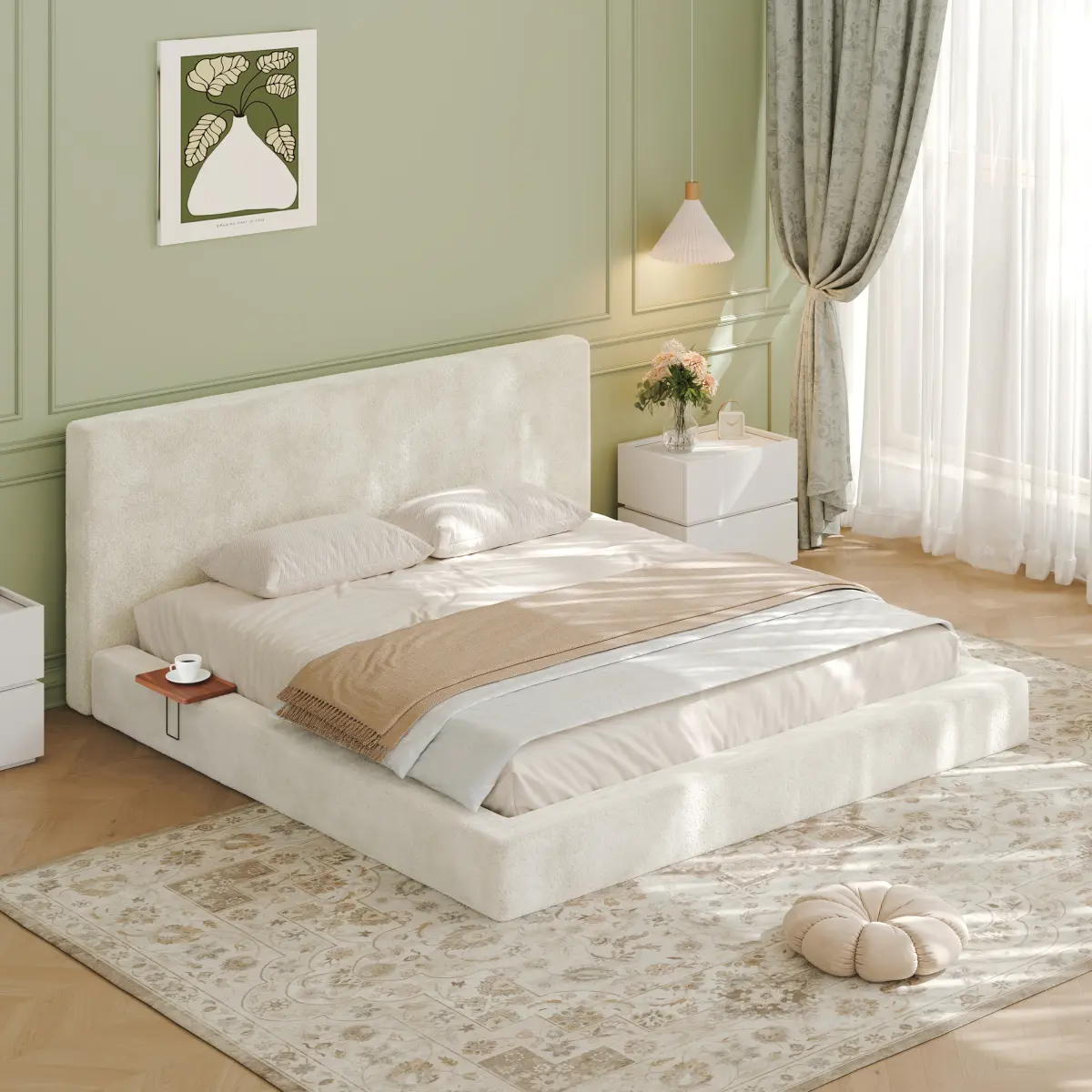AirFrame King Bed Frame with Sliding Side Table – Modern Cloud Upholstered Platform Bed, 8.7'' Thick Sponge Cushion, Noise-Free Support, Easy Assembly, No Box Spring