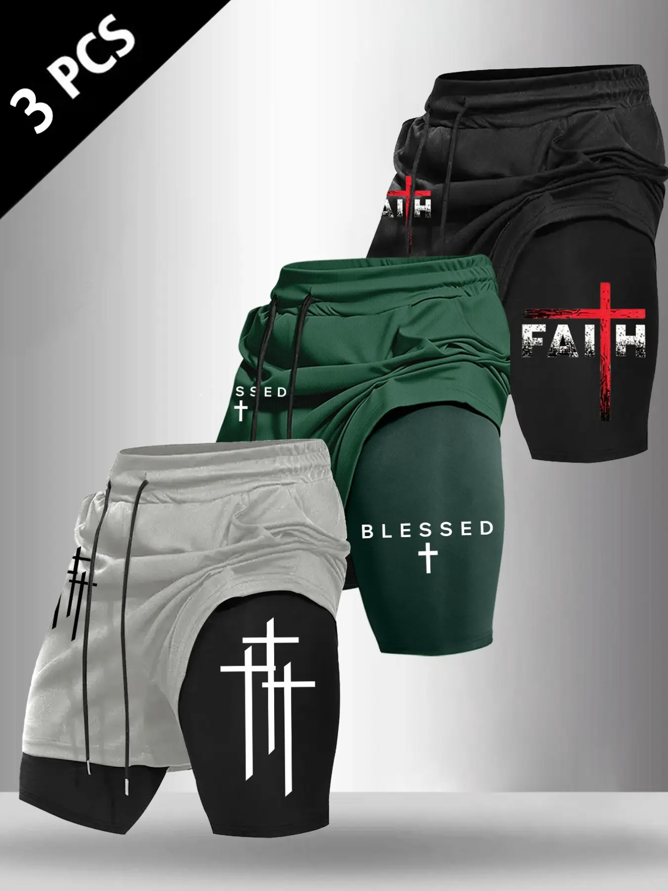 Men's 3-Pack 2-in-1 Faith & Cross Print Gym Shorts, Casual Drawstring Workout Shorts with Liner for Training & Streetwear