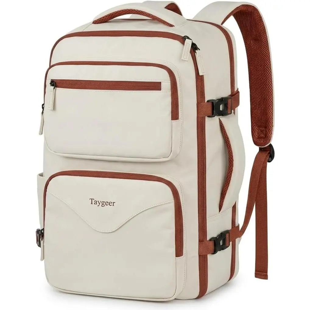 Personal Item Bag 18 x 14 x 8 Inches for Women, TSA Approved Under Seat Carry on Backpack with Water Bottle Pocket and Shoe Pouch, Travel Bag for Airplanes Fits 15.6 Inch Laptop, Khaki WhiteGift