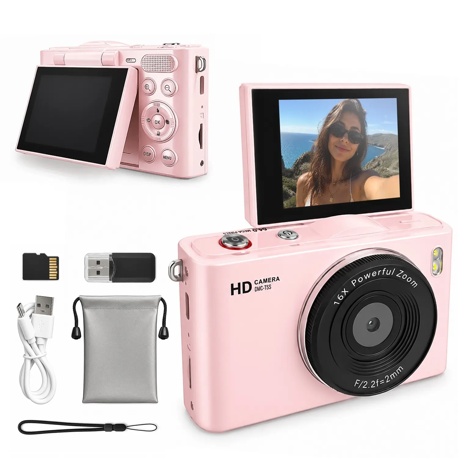 Portable Digital Camera, Compact 180° Flip Screen, SD Card Slot, Elegant Case, Ideal for Vlogging & Photography, Perfect Valentine's Gift, Portable Handheld Camera