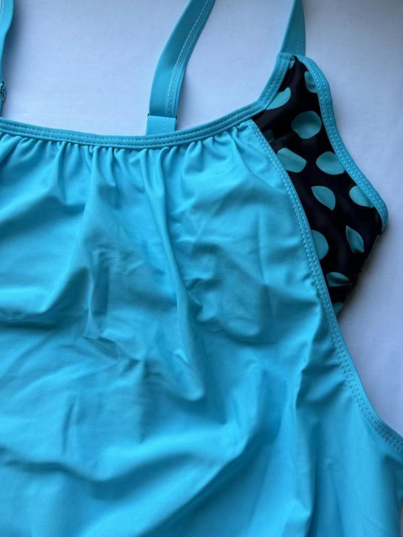 Plus Size Colorblock Patchwork Polka Dot Print 2 in 1 Tankini 2 Piece Set, Plus Adjustable Strap Scoop Neck Swim Top & Swim Shorts, Women's Plus Swimsuit for Summer Beach Holiday Vacation, Tankiniswimwear, Tankini Swimsuits Women