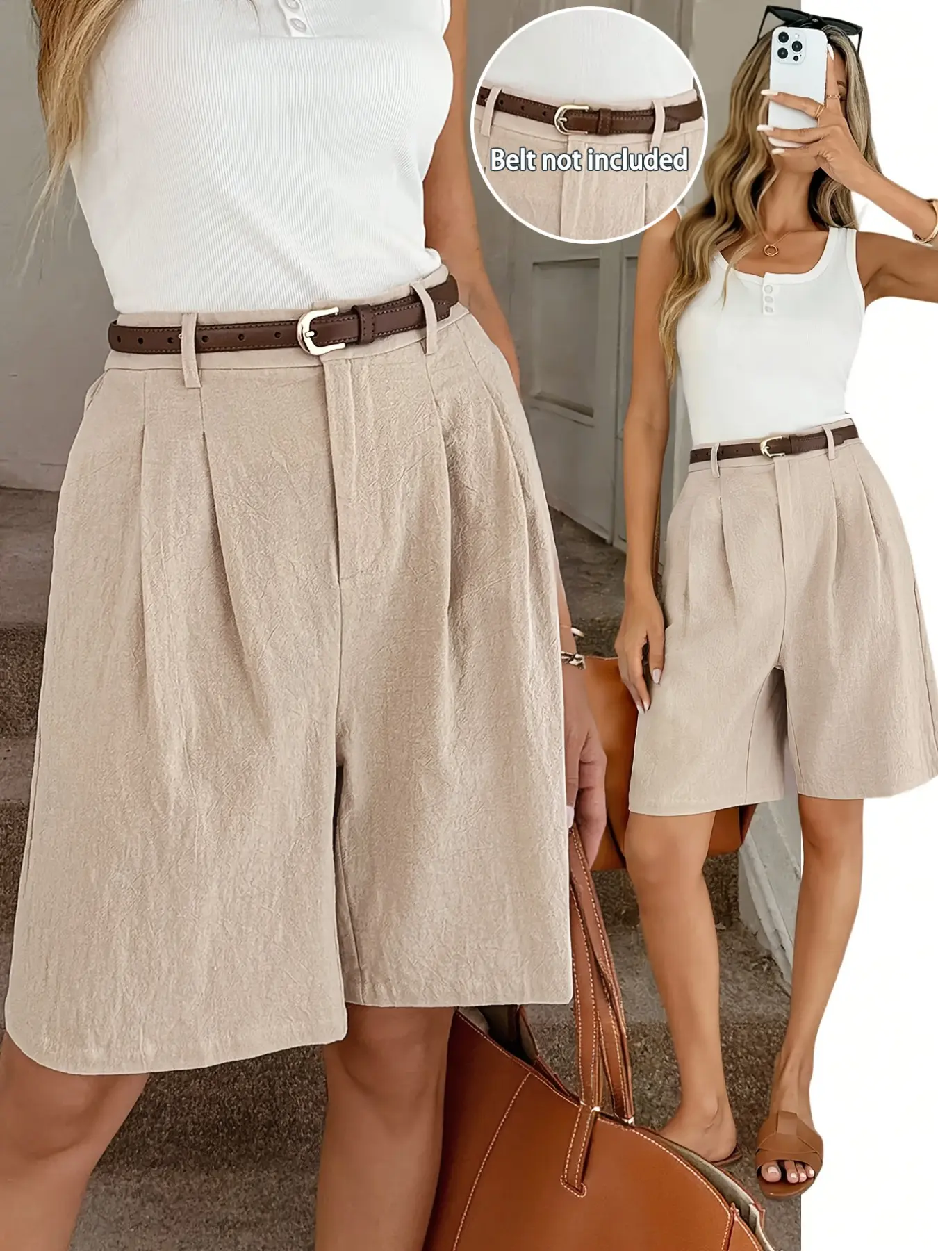 European and American Simple Suit Shorts, Textured Wrinkle Fabric High-Waisted Wide-Leg Casual Capri Pants, Versatile Office Wear