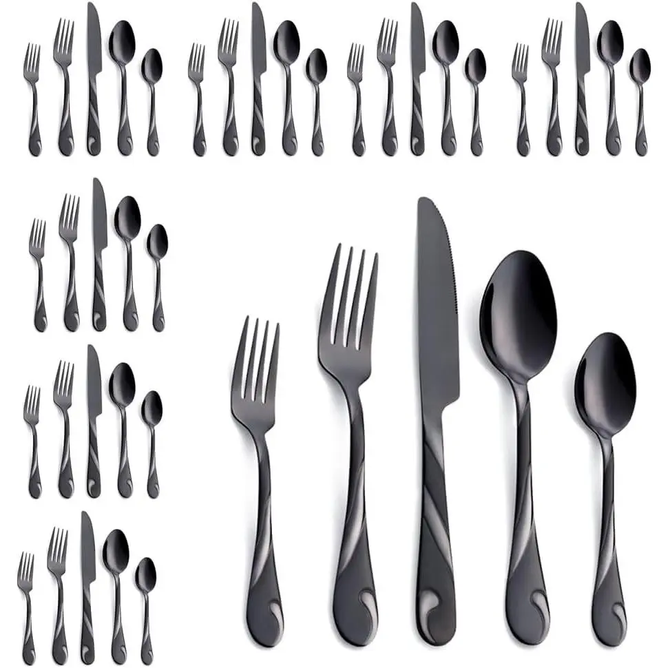 Black Silverware Set for 8, 40-Piece Stainless Steel Flatware Set, Shiny Black Metal Cutlery Set, Include Fork, Knife and Spoon Set, Dishwasher Safe