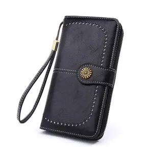 Women's Retro PU Leather Wallet, Long Wristlet Clutch with RFID Blocking, Large Capacity Card Organizer with Cutout Detail for Travel