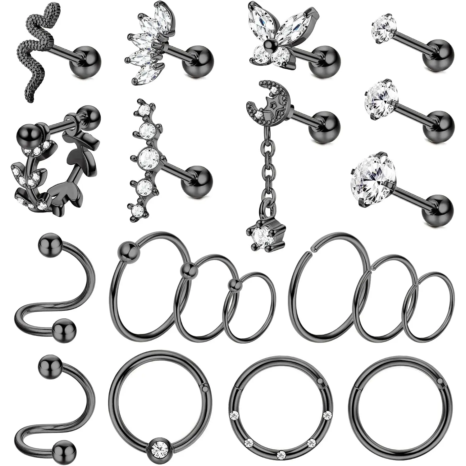 20 Pcs 16G Cartilage Stud Earrings, 316L Stainless Steel Piercing Jewelry for Women & Men with CZ Butterfly Motif, Leaf & Snake Shapes for Casual Daily Wear, Unisex, Helix Piercing