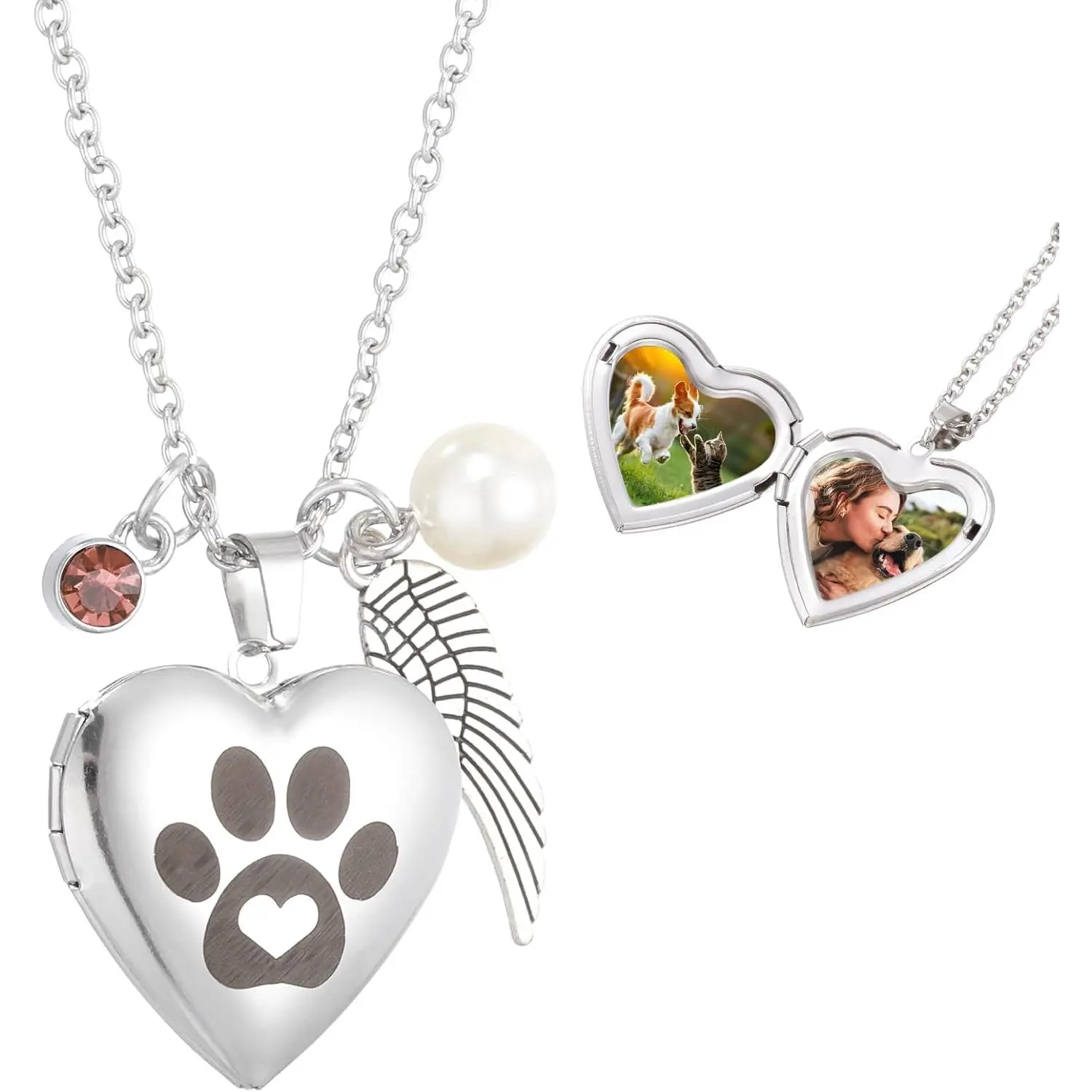 Paw Locket Pendant for Women, Stainless Steel Paw Print Heart Photo Locket Pendant with Birthstone, Wing,  and  Box for   Lovers Gifts