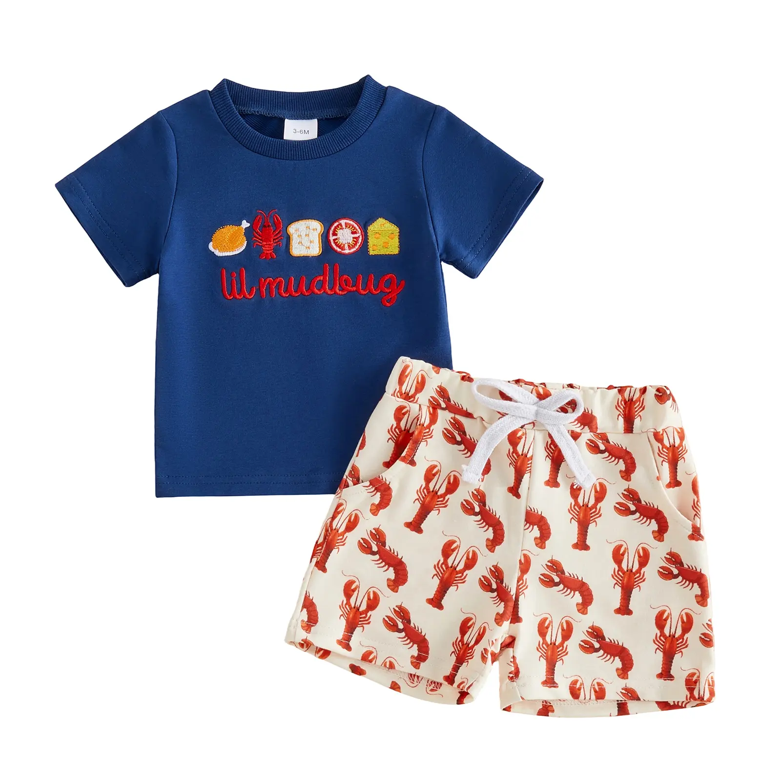 Toddler Boy Lobster Short Outfit Crawfish/Turtle/Crab Embroidery Short Sleeve Tops Stripe Shorts 2Pcs Animal Outfit