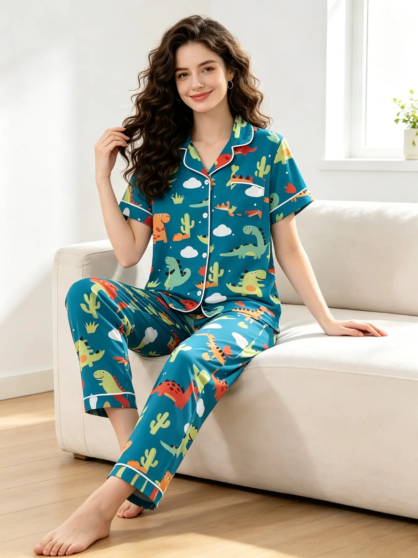 Women's Pajamas & Loungewear Set Teal Blue Cartoon Dinosaur Cactus Cloud Print 2026 Summer Contrast Trim Notched Collar Button Down Short Sleeve Long Pants Milk Silk Breathable Loose Fit Comfortable Sleepwear Homewear All Day Wear for Women