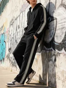 Men's Colorblock Round Neck Sweatshirt Set, Four-Season Casual Sporty Straight Leg Pants Two-Piece Set, Daily Wear, Best Holiday Gift