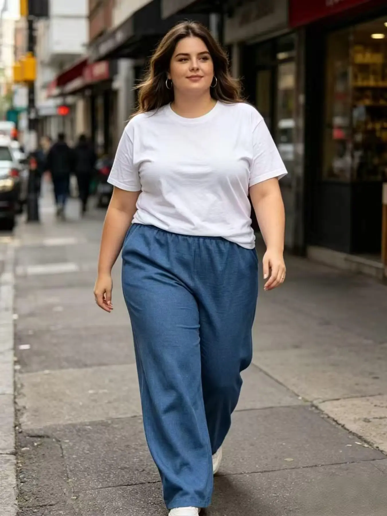 Plus Size Blue Wide Leg Pants Bottom, Minimalist Casual Style, Loose Fit for Leg Shape, Elastic Waist for Easy Wear, Ideal for Everyday Commute, Travel, Daily Outing