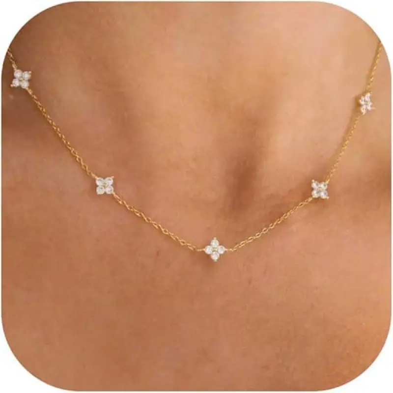 Summer Lucky Clover Choker Necklace - Gold-Plated Copper Cubic Zirconia Station Necklace, Dainty Everyday Jewelry Gift for Women