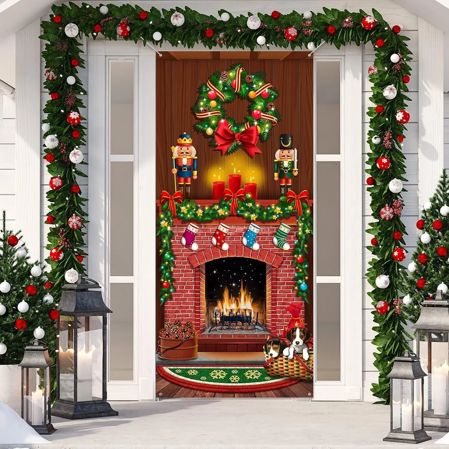2D Flat Banner Door Cover, Christmas Happy Door Frame, Fireplace Door Frame, Christmas Tree Print Banner, No Power Needed, Zs