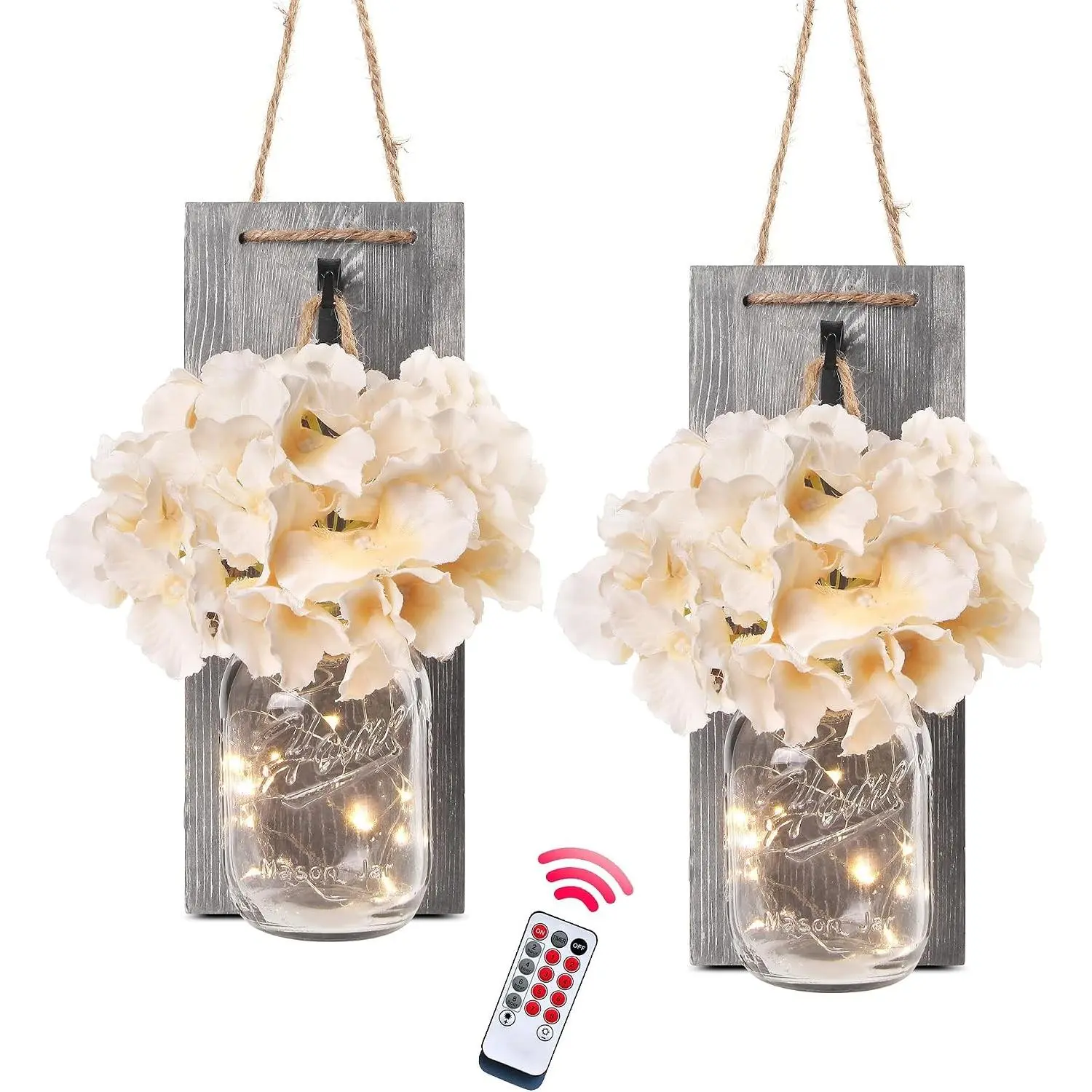 Rustic Grey Mason Jar Sconces Set of 2, Hanging Wooden Wall Decor with LED String Lights, Remote Timer, Vintage Farmhouse DecorationGift