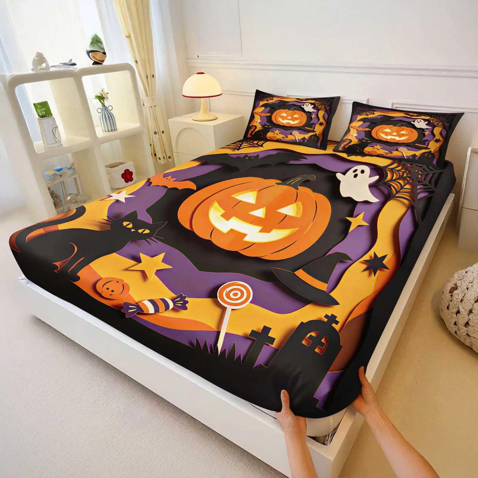 3Pcs Halloween Fitted Sheet Set, Pumpkin Ghost Full Print, Wide Elastic Anti-Slip Mattress Cover