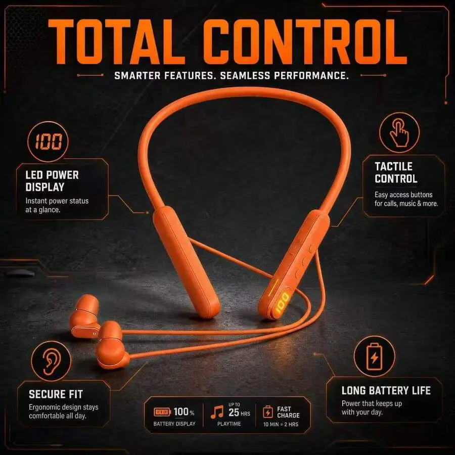 1pc Orange Neckband Headphones 5.3 30H Playtime DNC 360 Surround Sound Foam Earbuds Stable Fit Travel Work Sports Earphones Airpro Noise Cancellation Headphones Wired Headphones Auriculares Para Electronics VE8A