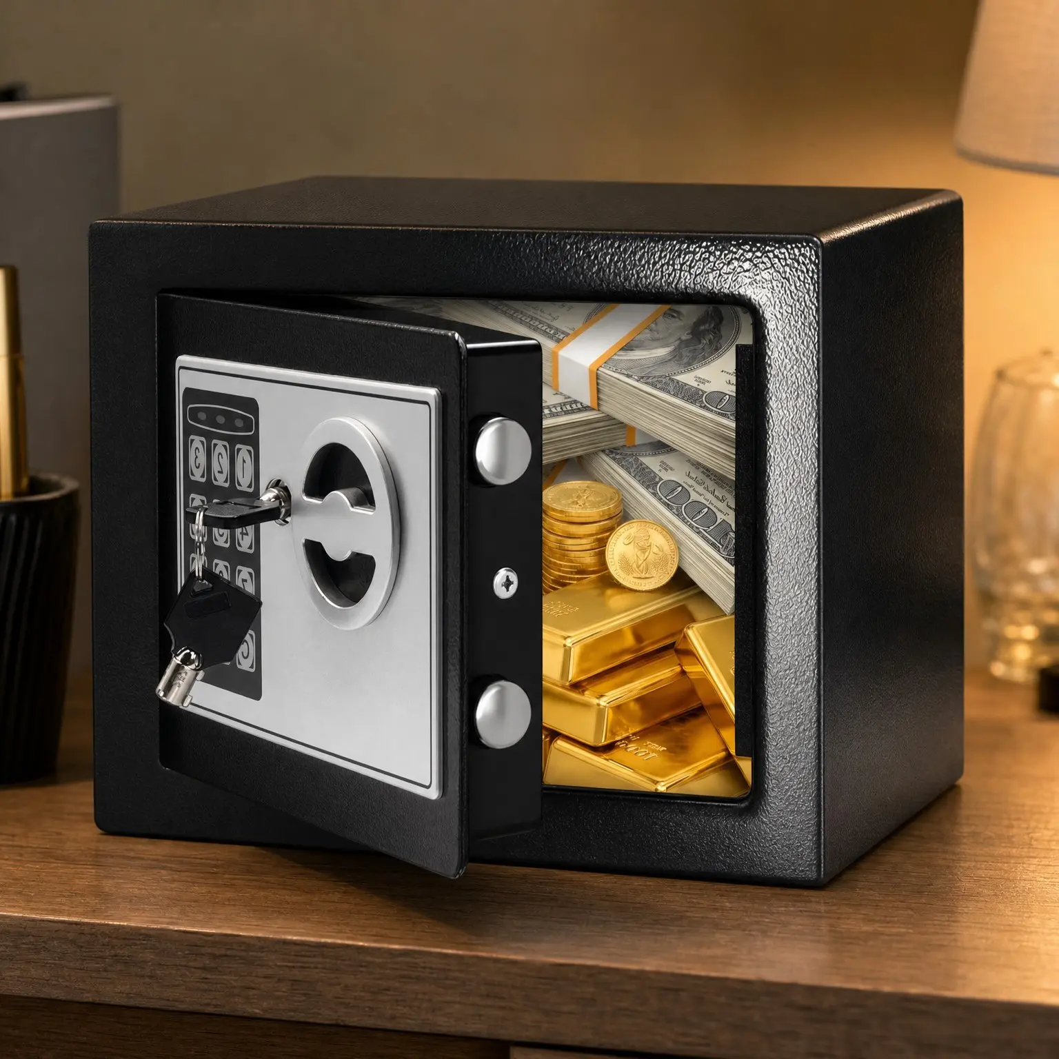 Small Safe Box for Money 0.23 CuFt, Alloy Steel Security Lock Box with Digital Code and Key, Fireproof Waterproof Bag, Wall Mountable Mini Safe for Home Dorm and KidsGift
