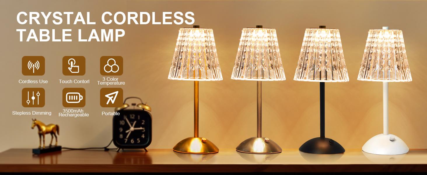 Cordless Touch Table Lamp, 3500mAh LED Rechargeable Small Dask Lamp, 3 Colors Dimmable Battery Operated Crysta Lamp for Bedroom Restaurant Kitchen Home Decor, Gold