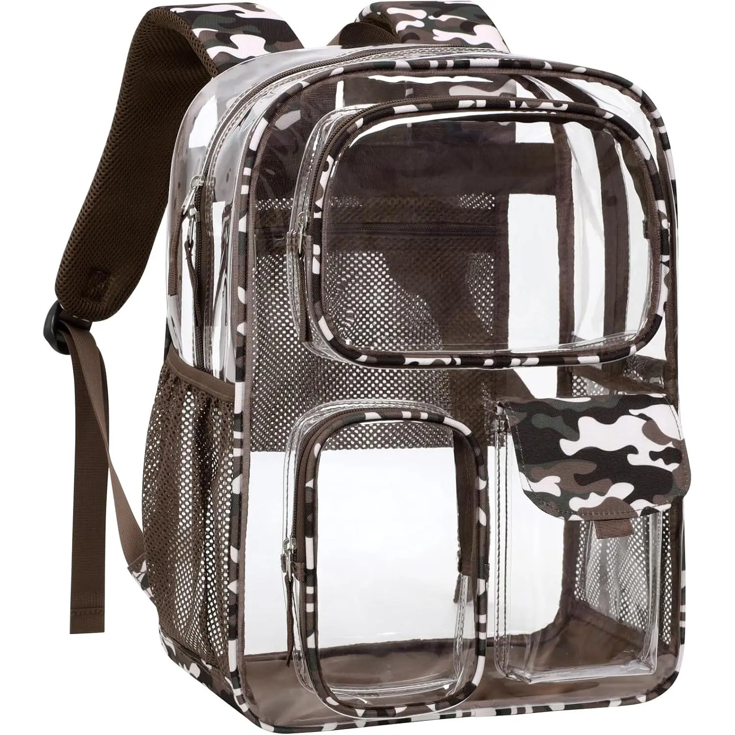 Clear Backpack for School - 17 inch Camo Patterned Bookbag, Brown |   3 Front Pockets, Reinforced 900D Oxford Base, Padded Straps, Heavy Duty PVC, Fit 16"Laptop, Load 22 lbs. Age 12+ Students