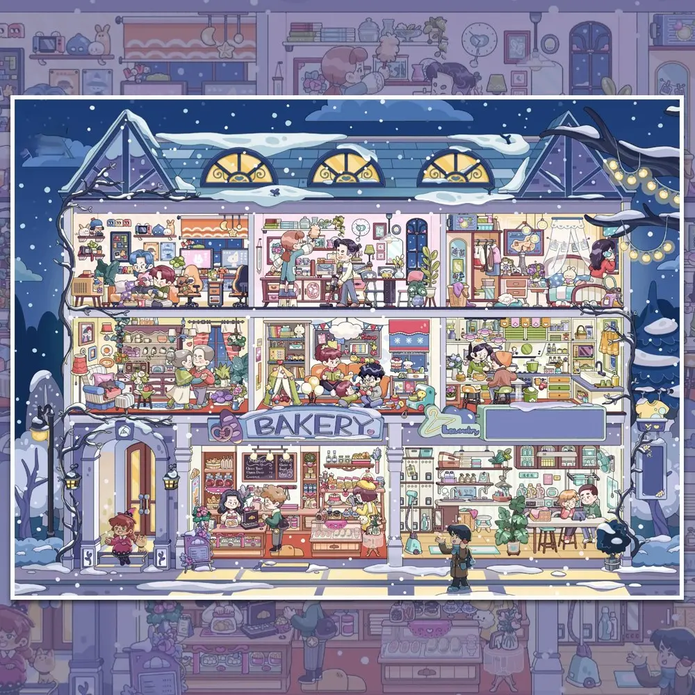 Blue Tone Snowy Night Cartoon Apartment Cubicle Scene Stickers, Layered Stacking Transparent PET Diorama Scenery Stickers, Winter Snow Indoor Mini Room Immersive Journal Decor Stickers for Junk Journal Scrapbook DIY Card Craft