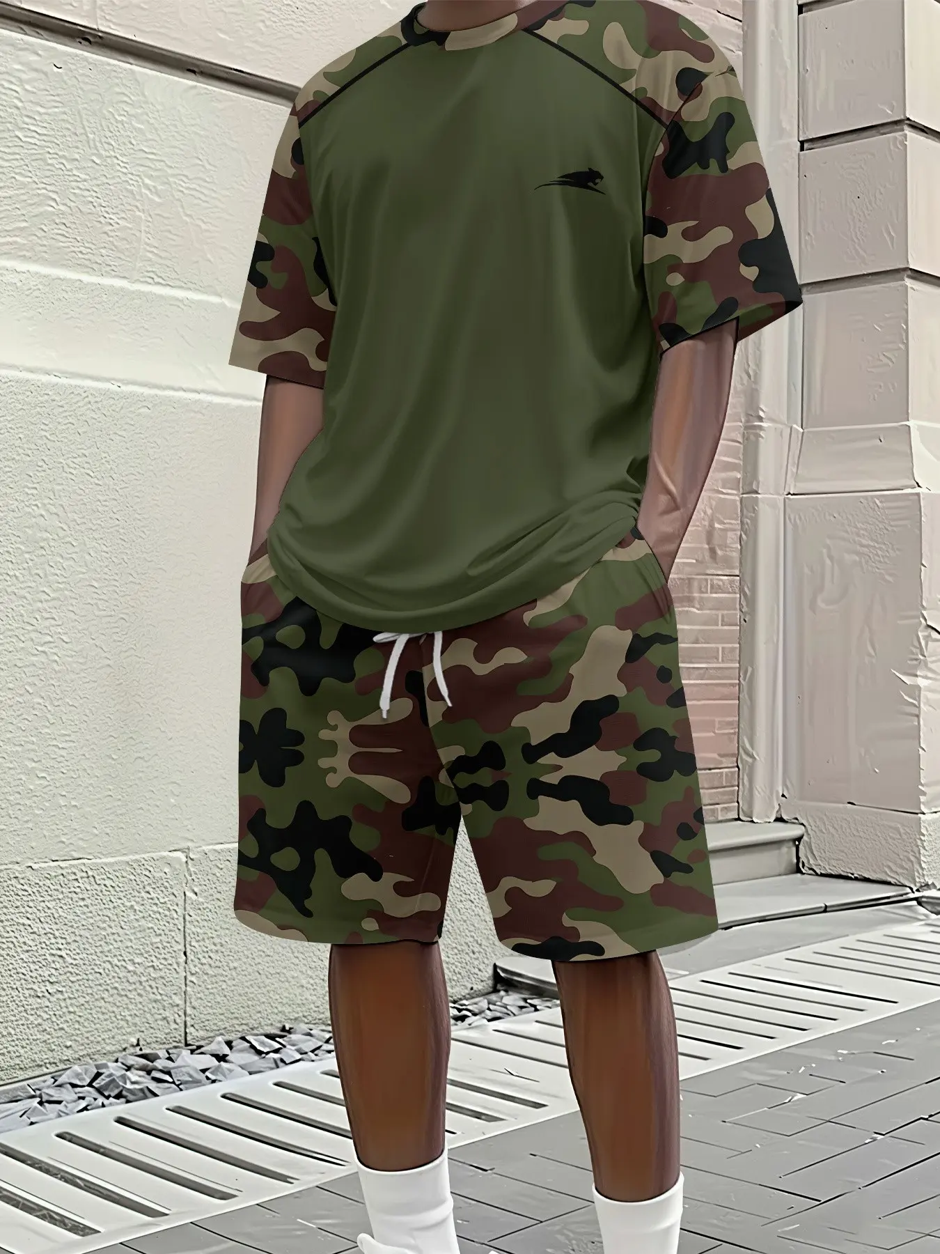 Men's Summer Military Camouflage Casual Set, Quick-Dry Short Sleeve Suit, Outdoor Hunting Loose Drawstring Shorts, Two-Piece