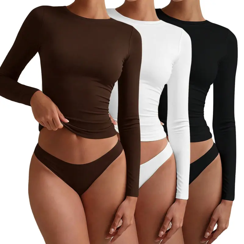 Women Crew Neck Long Sleeve Crop Top Slim Fit Soft Stretchy Basic Shirt Bodycon Casual Blouse for Daily Street Workout Outdoor Vacation Wear