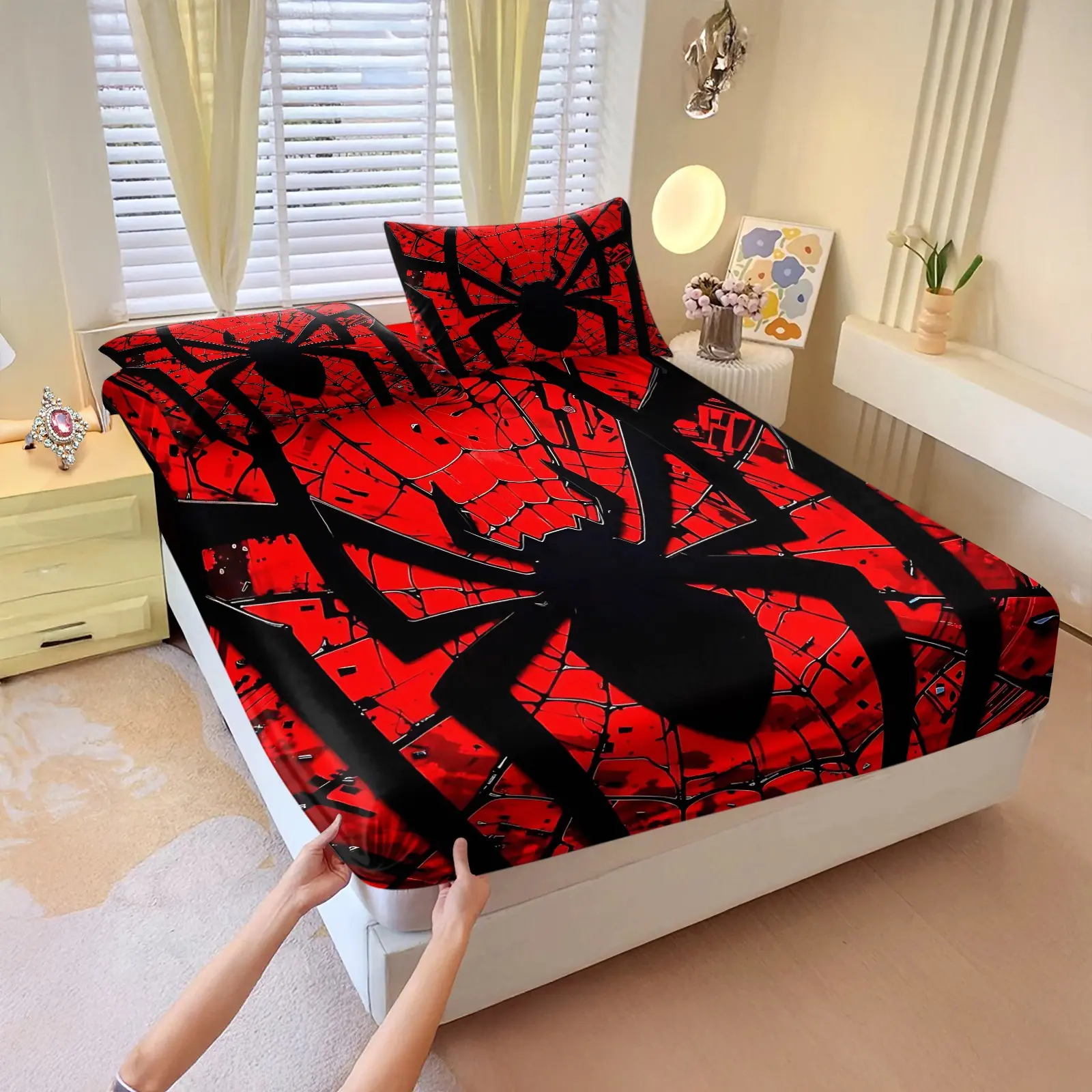 Cool Boys Spider Fitted Sheet Set, Premium Microfiber Bed Sheets Set, 1 Fitted Sheet & 2 Pillowcase No Filling, Deep Stretch Pocket, Machine Washable, Perfect Gift for Teen Kids Bedroom All Year Round, Theme Bedding Set