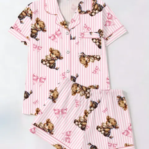 Spring Summer Women's Sleepwear Set, Bear Print Cardigan Short Sleeve Sleep Pajamas Shorts, Casual Loose Fit Homewear, Comfortable All Seasons, Pajama Set, Shorts Pyjama Set, Printed Pajama Set
