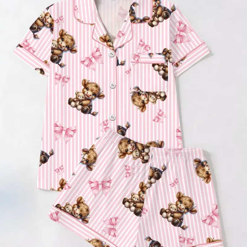 Spring Summer Women's Sleepwear Set, Bear Print Cardigan Short Sleeve Sleep Pajamas Shorts, Casual Loose Fit Homewear, Comfortable All Seasons, Pajama Set, Shorts Pyjama Set, Printed Pajama Set