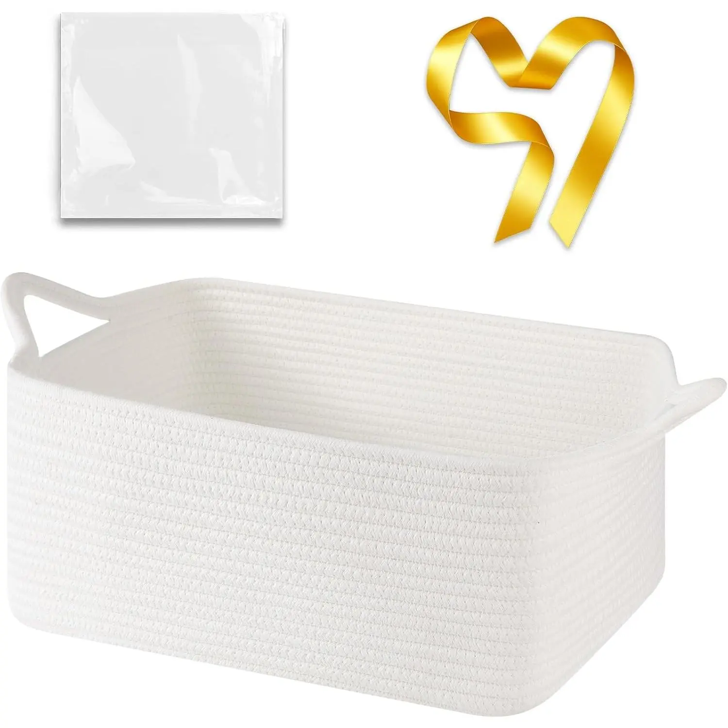 Large White Cotton Rope Woven Storage Basket with Handles, 16.5"x12.6"x7" Decorative Gift Basket with Gift Bag & Ribbon Set for Baby Shower, Toy Organizer for Kids, Dogs & Cats(Gift)