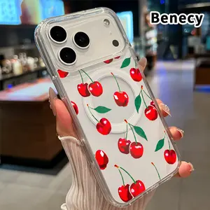 Transparent Magnetic Soft Case for iPhone 17 16  Pro Max Plus 15 14 13 12 11 Air E Cherry Delight Pattern Anti-Yellowing Shockproof ultra-thin Silicone Crystal Acrylic Large Hole Cover Supports Wireless Charging