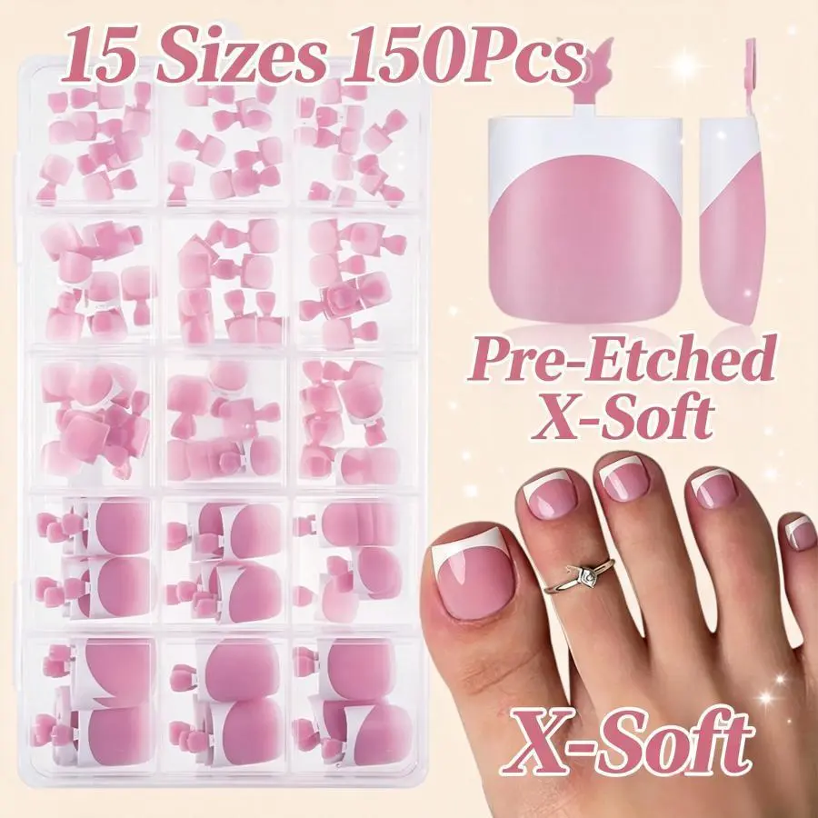 Soft Gel French Press On Toenails Press On Sets - 150 Pre-Etched Full Cover Tips, 15 Sizes Classic Sharp Square Fake Nails for Easy DIY Salon Pedicure, Home Nail Art & Party