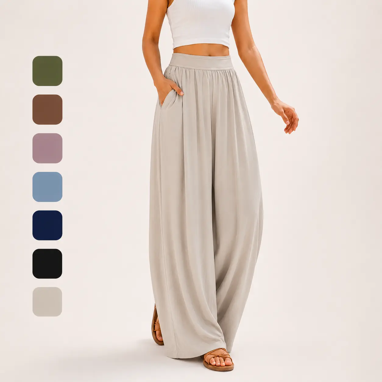 Silky Wide-Leg Pants for Women, Loose-Fitting Flowing Female Bottoms with Elastic Waistband, Full Length for Casual Travel, Casual Wear, Silky Touch