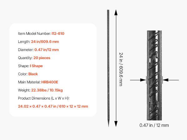 VEVOR Rebar Stakes, 24-Inch, Heavy-Duty 0.47 in Diameter, Straight Galvanized Steel Ground Anchors with Chisel Point End & Rust-Resistant Coating, for Gardening Support, Fence, Camping Tents (20-Pack)