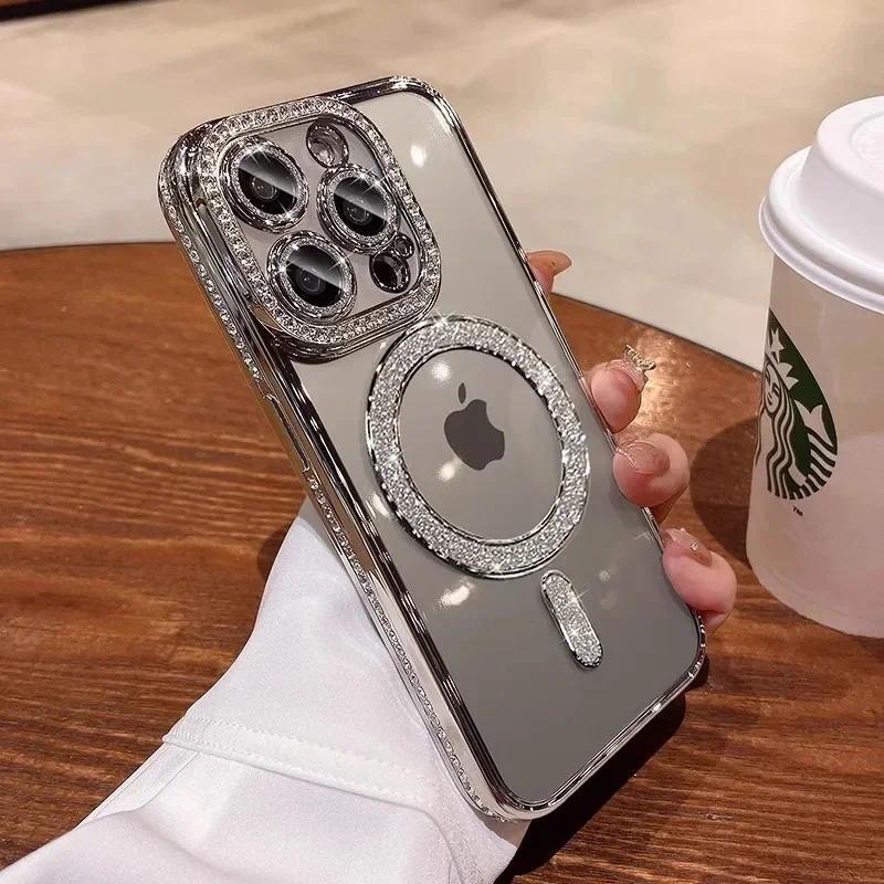 Luxury Bling Crystal Lens Film Phone Case For iPhone 15 11 12 13 14 Pro Max Plus Magsafe Magnetic Wireless Charging Clear Cover
