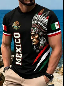 Men's Mexican Style Aztec Eagle Snake Print Round Neck Short Sleeve T-Shirt, Breathable Workout Top, Casual Sporty Fitness Top, All Seasons Loose-Fit