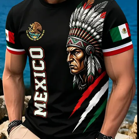 Men's Mexicion & Aztec Eagle Snake Print Round Neck Short Sleeve T-Shirt, Breathable Workout Shirt, Casual Workout Tops, Casual Gym Shirts, Athletic Tee Shirts, Casual Style Loose-Fit Tee for All Seasons