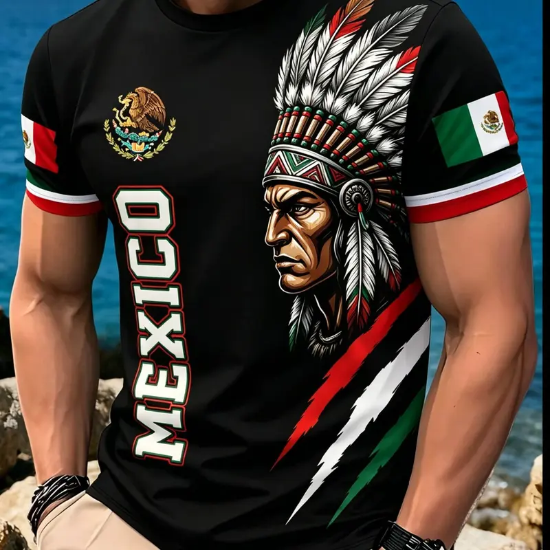 Men's Mexicion & Aztec Eagle Snake Print Round Neck Short Sleeve T-Shirt, Breathable Workout Shirt, Casual Workout Tops, Casual Gym Shirts, Athletic Tee Shirts, Casual Style Loose-Fit Tee for All Seasons