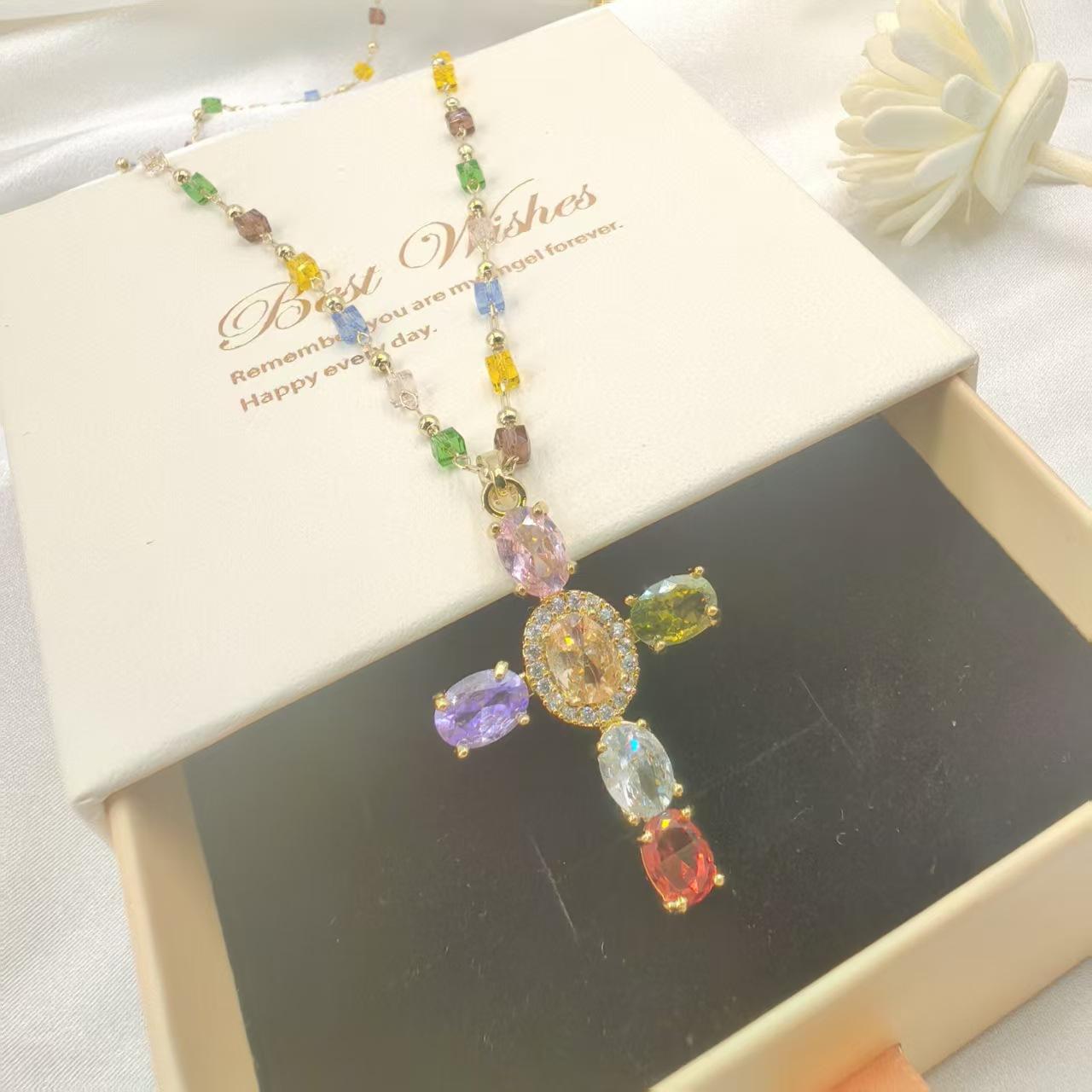 Colorful Zircon Cross Pendant Necklace, Rainbow Crystal Beaded Chain Dainty Gold Plated Necklace, Vintage Y2K Religious Cubic Zirconia Necklace for Women, Adjustable Fashion Jewelry for Daily Party Gift