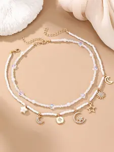 2-Piece Set Multi-Layer Star Moon Necklace for Women, Imitation Pearl Layered Collarbone Chain, Elegant All-Season Jewelry Set