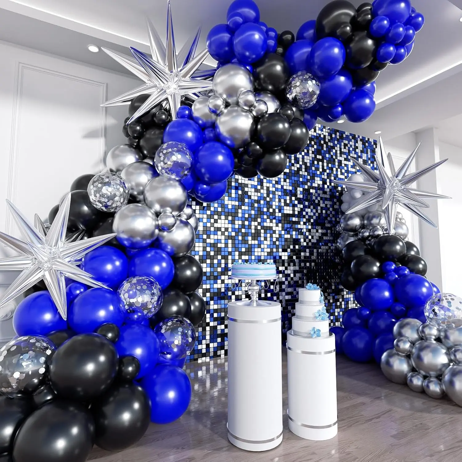Blue and Balloon Arch Kit, 201 Piece Explosion Star Royal Blue Metal Silver Balloon Garland Set, Party Decoration, Birthday Decorations