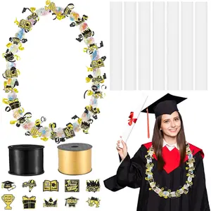Teling 60 Set Graduation Candy Lei Making Kit Includes 60 Pcs Hawaiian Candy Lei Tubing 2 Rolls Ribbons 600 Pcs Paper Cut for Graduation Party Gift (Black, Gold)